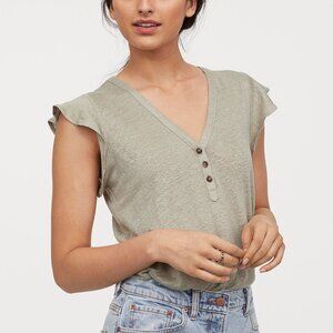 H&M Women's Size Large Olive Green 100% Linen Short Flutter Sleeve Henley Top